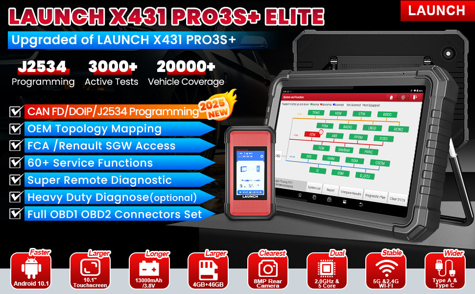 LAUNCH X431 PRO3S+ ELITE Bidirectional Scan Tool J2534 Program All System Diagnostic Scanner Topology All Service Online Coding