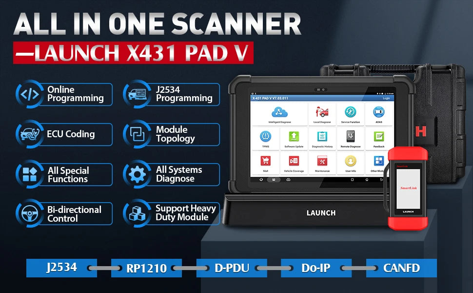 LAUNCH X431 Pad V Elite J2534 Reprogramming Tool, Online ECU Coding, Topology Diagnostic Scanner,50+ Services Heavy Duty Truck