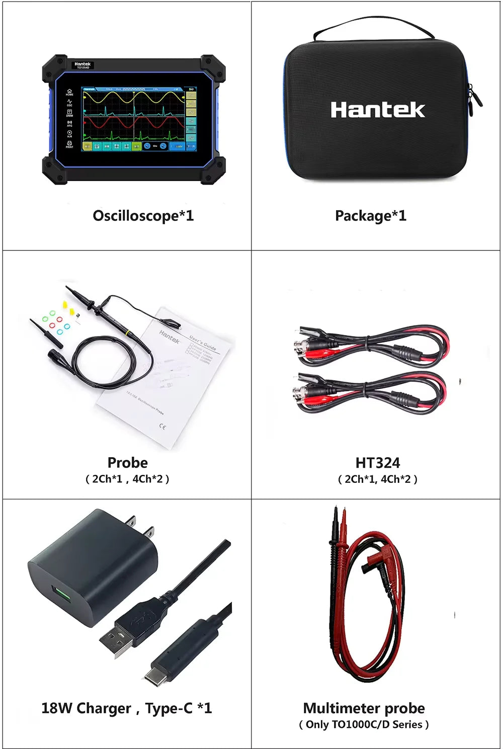 Hantek TO1254D TO1154D Touch Screen Digital Oscilloscope 4 Channels Portable USB Oscilloscopes+Signal Source +Multimeter Tester