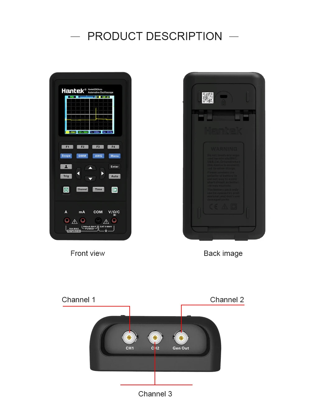 Hantek Portable Handheld Digital automotive Diagnostic oscilloscope 2-Channels + multimeter + Waveform Generator 4 in1 2D82 AUTO