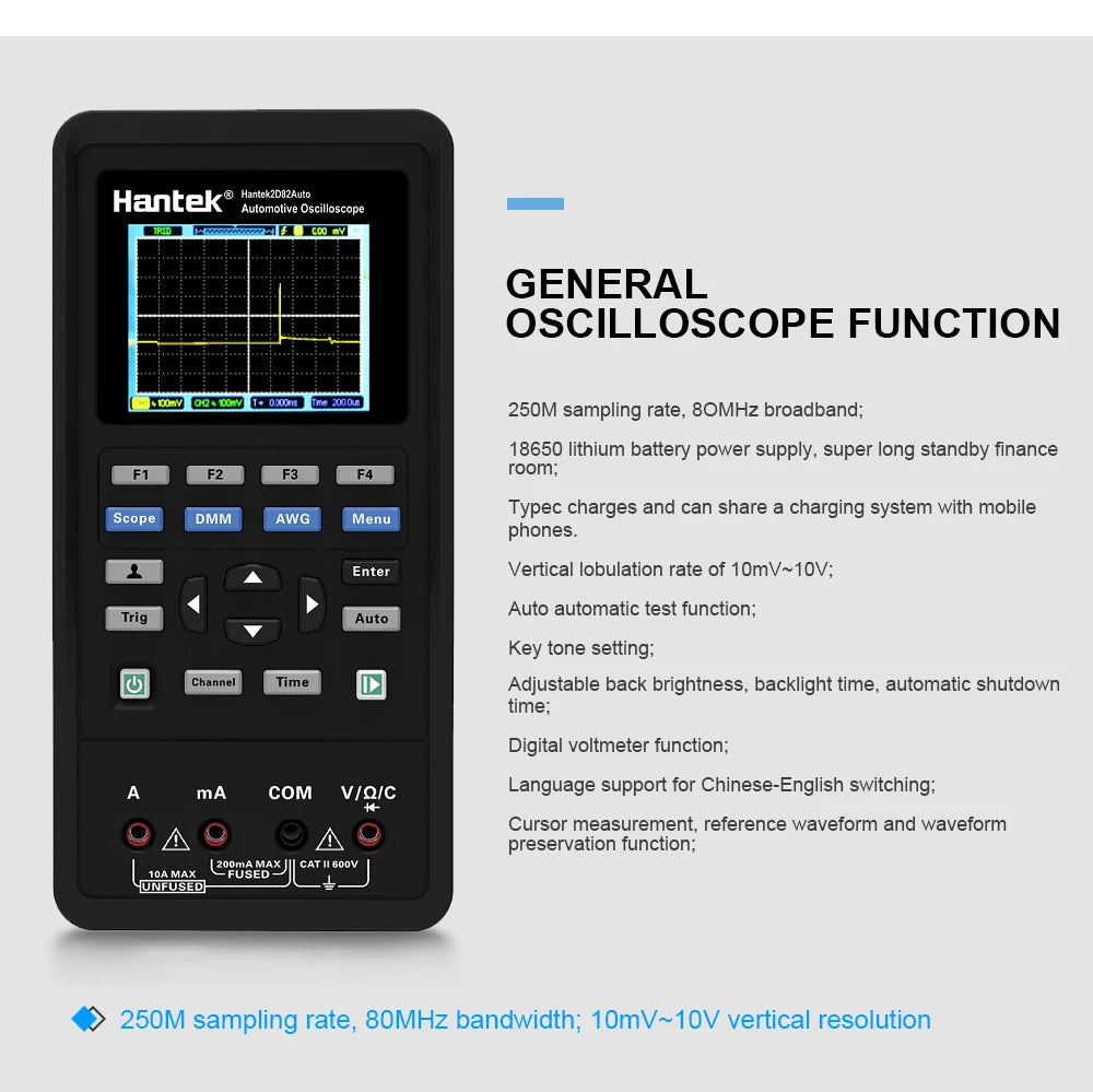 Hantek Portable Handheld Digital automotive Diagnostic oscilloscope 2-Channels + multimeter + Waveform Generator 4 in1 2D82 AUTO