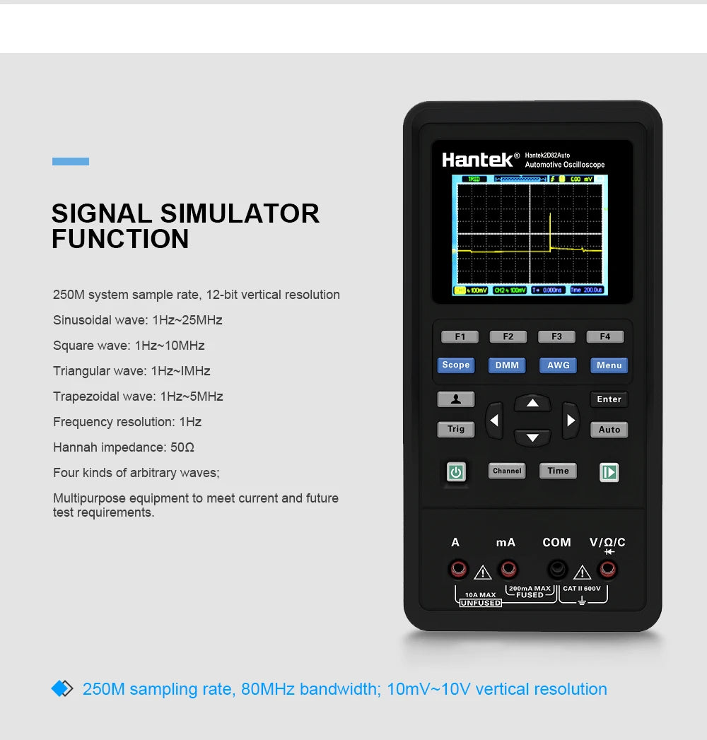 Hantek Portable Handheld Digital automotive Diagnostic oscilloscope 2-Channels + multimeter + Waveform Generator 4 in1 2D82 AUTO