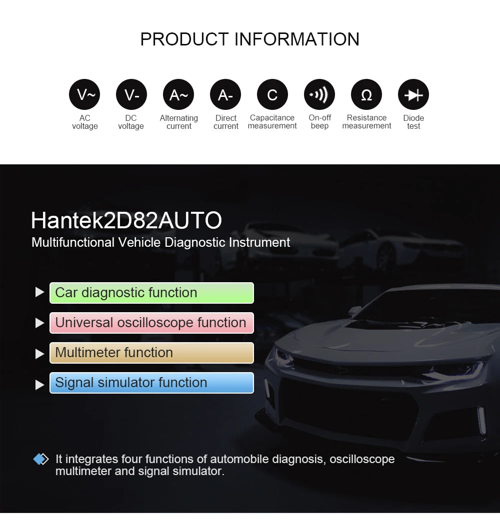Hantek Portable Handheld Digital automotive Diagnostic oscilloscope 2-Channels + multimeter + Waveform Generator 4 in1 2D82 AUTO