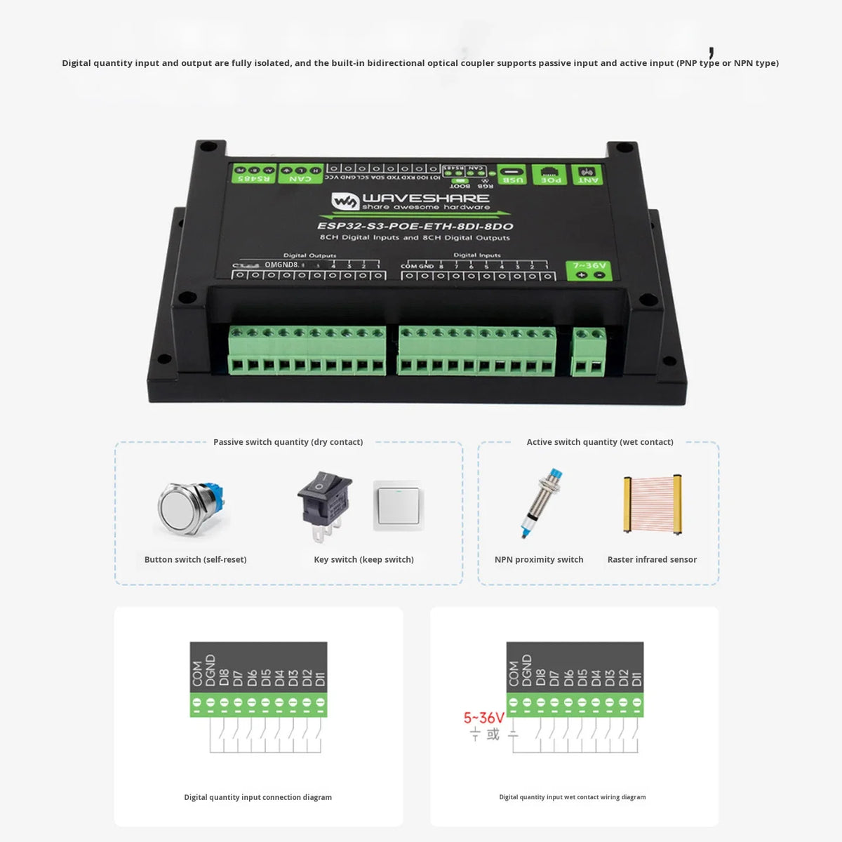 ESP32 S3 Industrial Control Board 8-Channel Digital I/O Controller with WiFi/RS485/CAN Ports