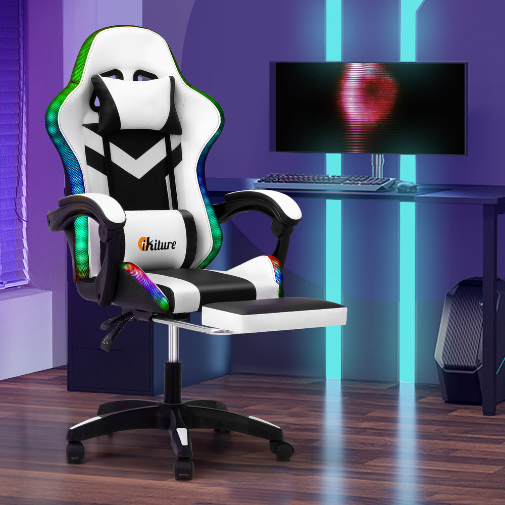Nneed Racing Gaming Chair 7 RGB LED 8 Points Massage Black&White
