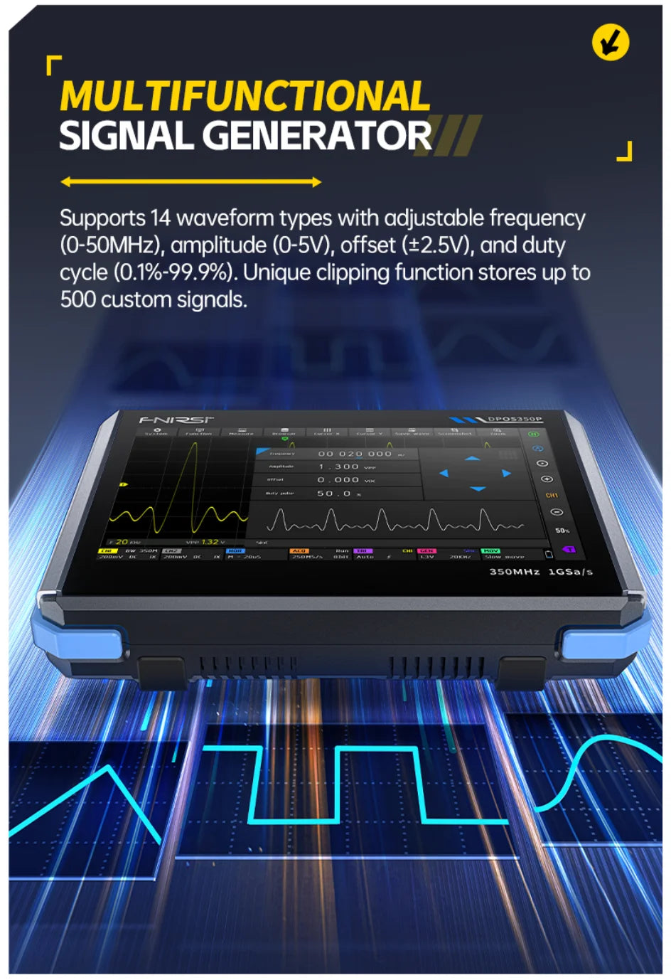 FNIRSI DPOS350P Tablet Oscilloscope 350MHz Dual Channel with Spectrum Analyzer, Frequency Response Tester, 50M Signal Generator