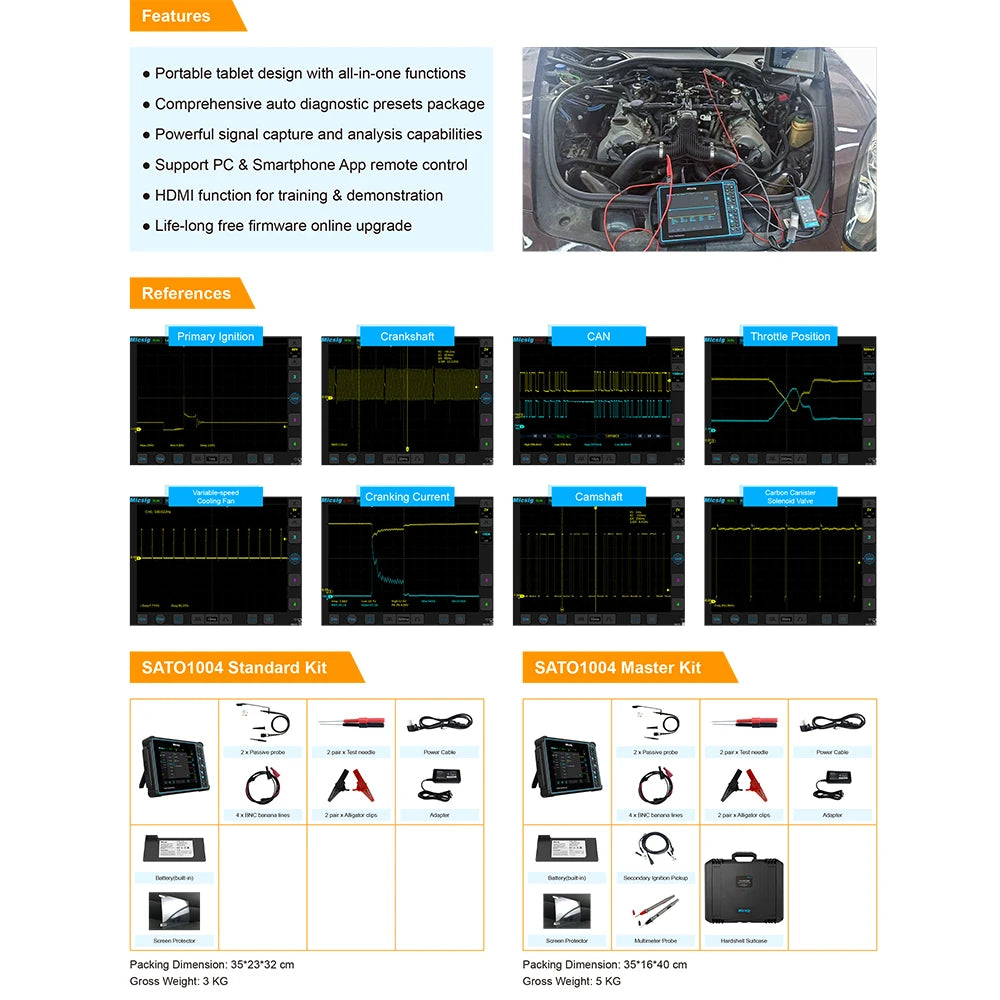 Micsig Digital Oscilloscope TO1104 100MHz 4CH 28Mpts portable oscilloscopes Automotive touchscreen  diagnostic STO1104 SATO1004
