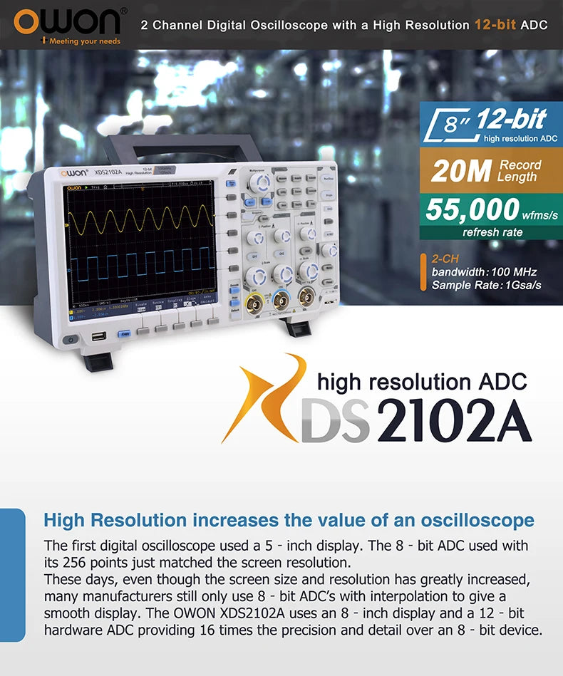 OWON XDS2102A Digital Oscilloscope 100MHz 1GS/s 2 Channels+1External 20M Record Length 12-bit High Resolution ADC and 8 inch LCD