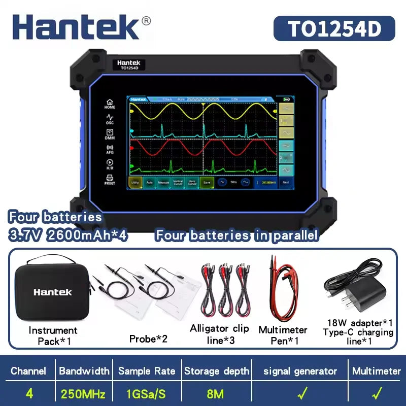 Hantek TO1254D 4 Channels Touch Screen Digital Oscilloscope Portable USB Oscilloscopes + Signal Source +Multimeter Tester