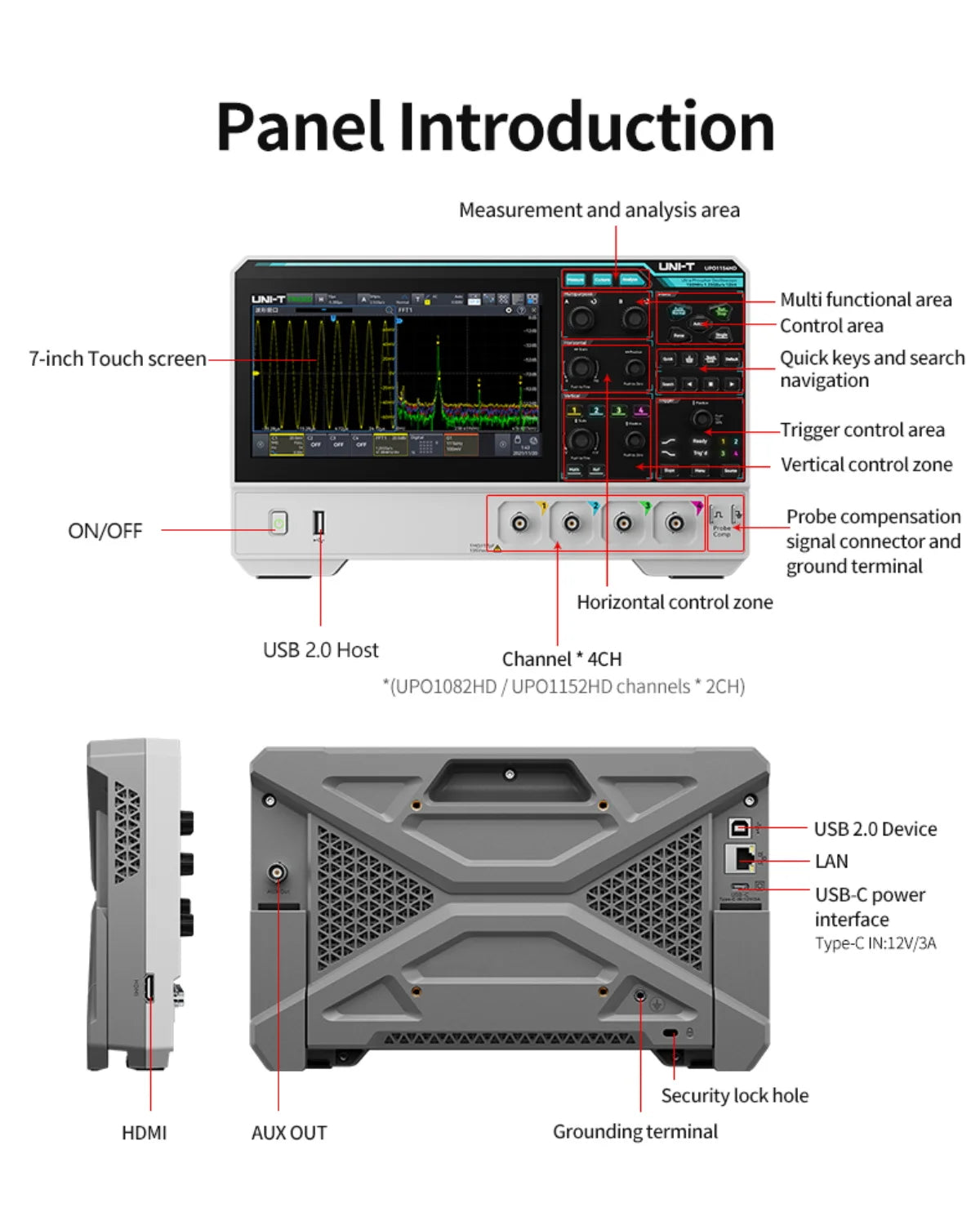 UNI-T Oscilloscope UPO1154HD UPO1082HD 2/4 Channels 1.25GSa/s High-Resolution Osciloscopio 80/150MHz Bandwidth 12-bit ADC Sampe
