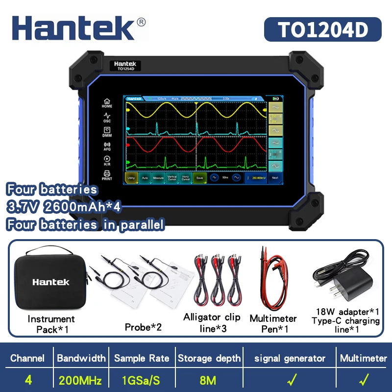 【Hantek Official Genuine】4-channel portable handheld touch screen digital oscilloscope TO1154C/1204C/1254C/1154D/1204D/1254D