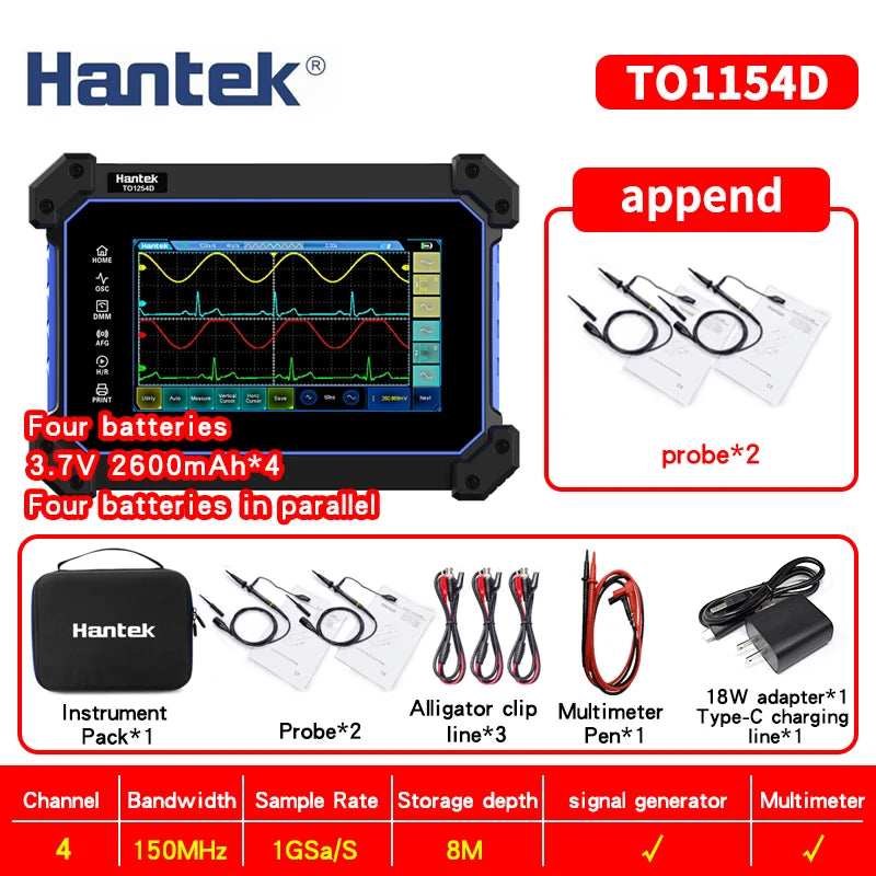 【Hantek Official Genuine】4-channel portable handheld touch screen digital oscilloscope TO1154C/1204C/1254C/1154D/1204D/1254D