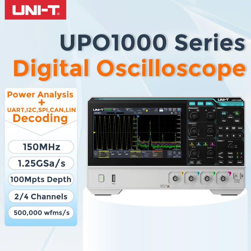 UNI-T UPO1000HD Series 12bit High-Res Oscilloscope | 150MHz 2/4CH with Power Analysis | UART/I2C/SPI/CAN/LIN Decoding