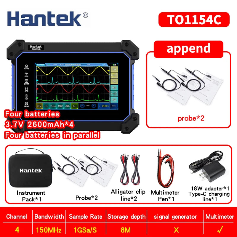 【Hantek Official Genuine】4-channel portable handheld touch screen digital oscilloscope TO1154C/1204C/1254C/1154D/1204D/1254D