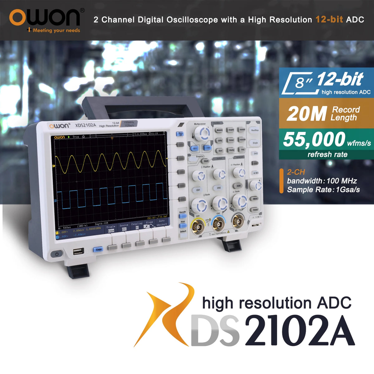 OWON XDS2102A Digital Oscilloscope 100MHz 1GS/s 2 Channels+1External 20M Record Length 12-bit High Resolution ADC and 8 inch LCD