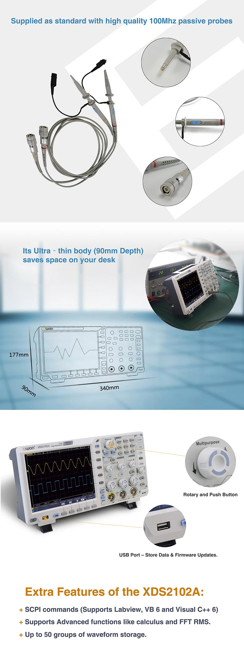 OWON XDS2102A Digital Oscilloscope 100MHz 1GS/s 2 Channels+1External 20M Record Length 12-bit High Resolution ADC and 8 inch LCD