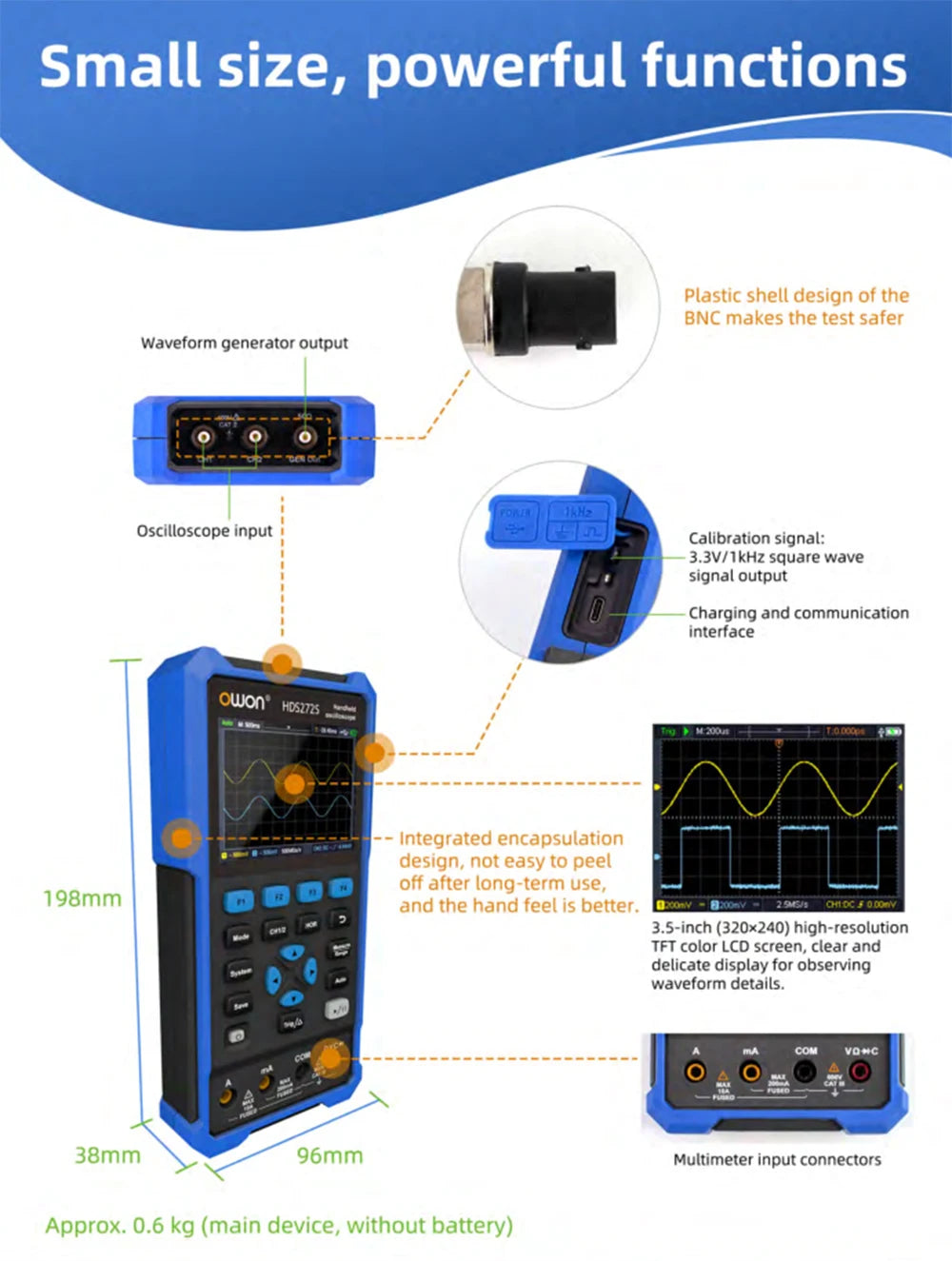 OWON HDS2202S Digital Oscilloscope 2 Channels 200Mhz 1GSa/s True RMS 3 in 1 USB Osiclloscopes +Waveform Generator+Multimeter