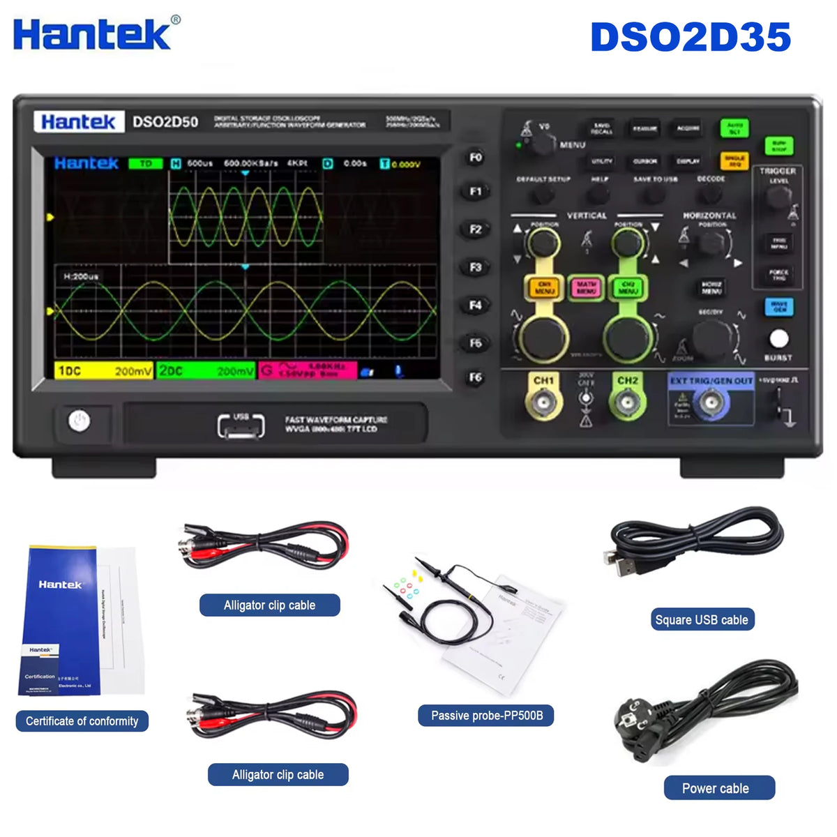 Hantek Lab Digital oscilloscope DSO2C20/2C35/2C50/2D20/DSO2D35/DSO2D205 200/350/500MHz 2Gsa/s 2CH/2CH+1CH desktop oscilloscope