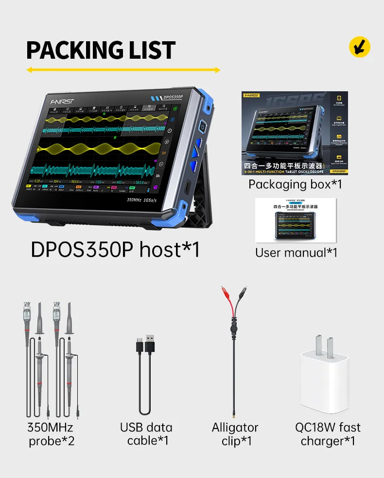 FNIRSI DPOS350P， Frequency Response Analyzer, Four In One Flat Oscilloscope, 2-Channel 350MHz Signal Generator, 50MHz, Spectrum