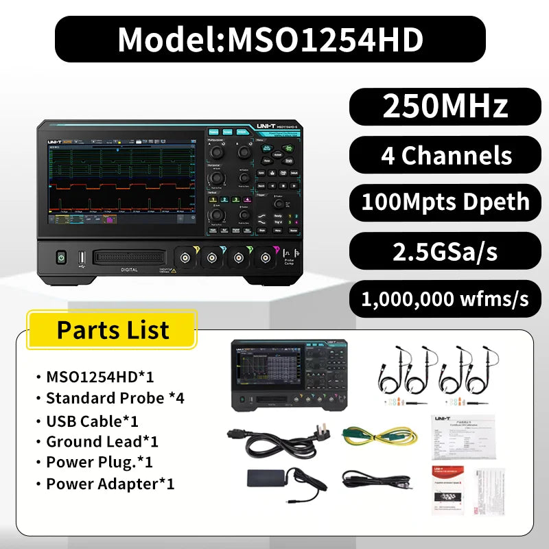 UNI-T MSO1000HD-S 12bit High-Res Oscilloscope | 150M/250MHz 4CH 2.5GSa/s | Bode plot Analyzer&CAN-FD, LIN, UART,I2C,SPI Decoding