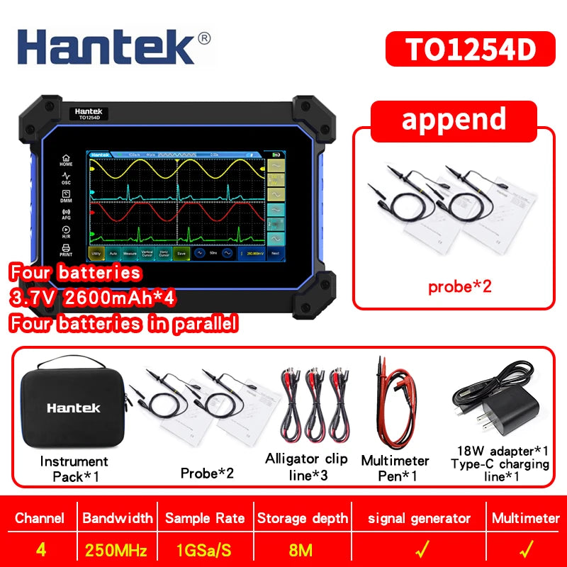 【Hantek Official Genuine】4-channel portable handheld touch screen digital oscilloscope TO1154C/1204C/1254C/1154D/1204D/1254D