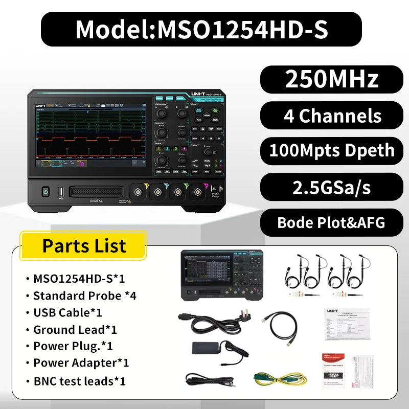 UNI-T MSO1000HD-S 12bit High-Res Oscilloscope | 150M/250MHz 4CH 2.5GSa/s | Bode plot Analyzer&CAN-FD, LIN, UART,I2C,SPI Decoding