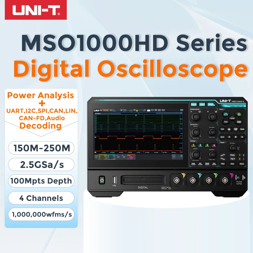 UNI-T MSO1000HD-S 12bit High-Res Oscilloscope | 150M/250MHz 4CH 2.5GSa/s | Bode plot Analyzer&CAN-FD, LIN, UART,I2C,SPI Decoding