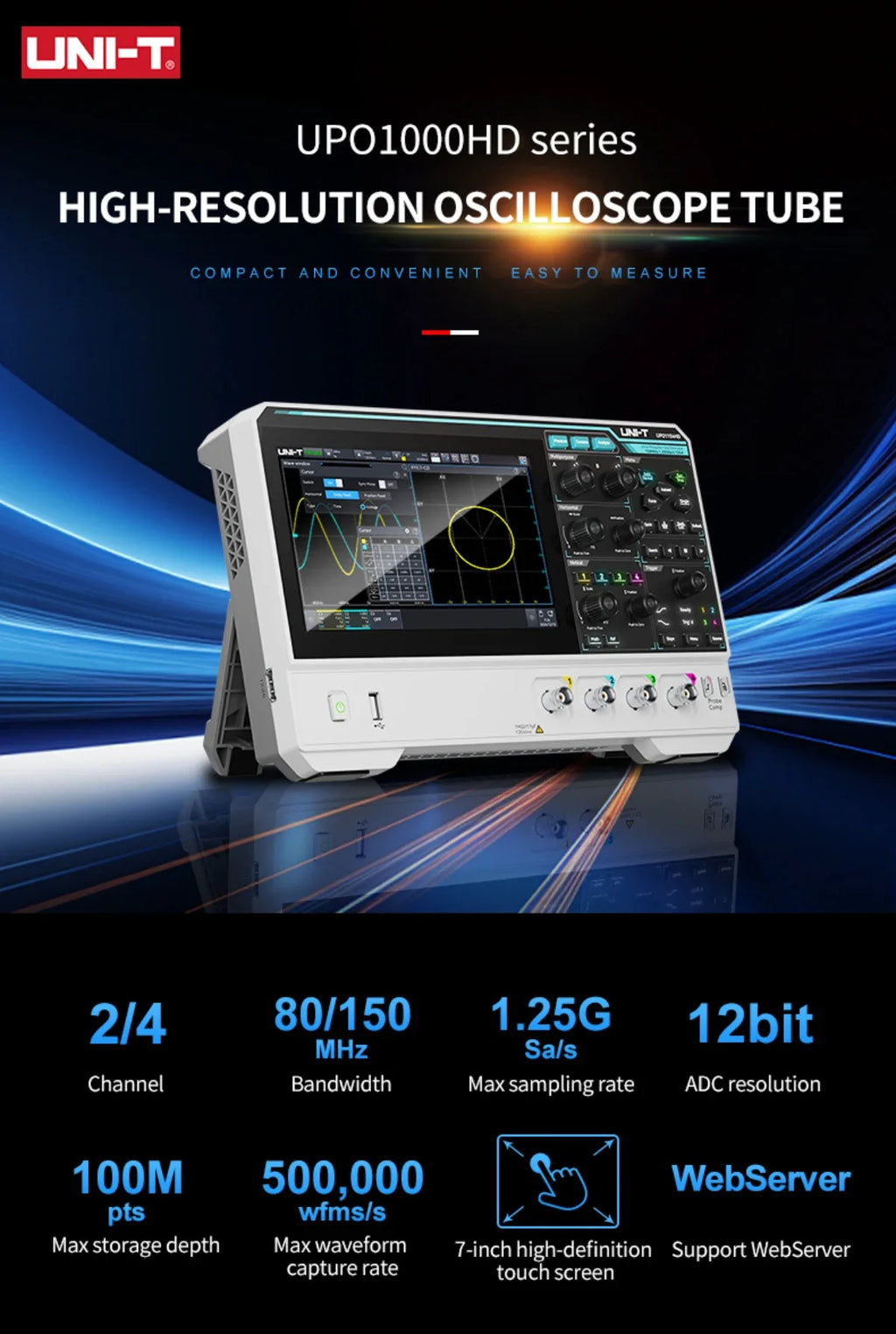 UNI-T UPO1000HD Series 12bit High-Res Oscilloscope | 150MHz 2/4CH with Power Analysis | UART/I2C/SPI/CAN/LIN Decoding