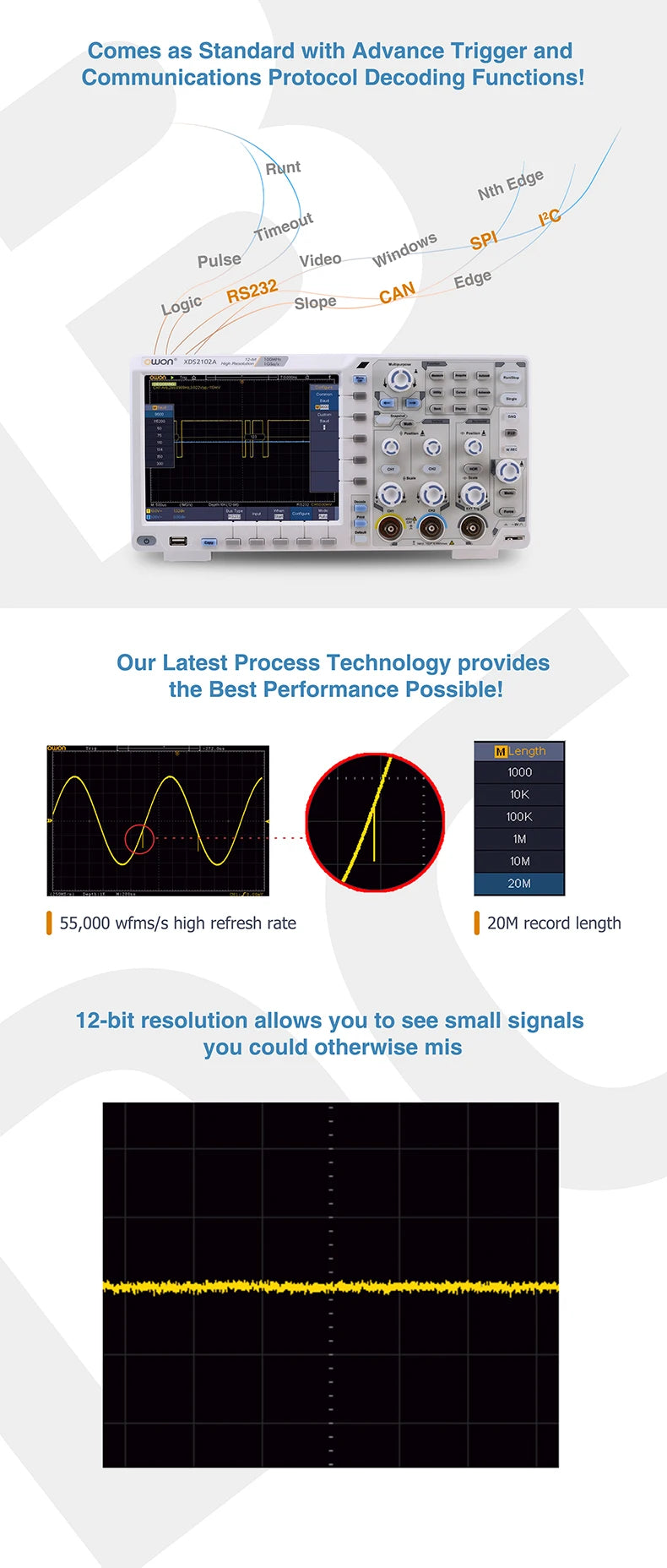 OWON XDS2102A Digital Oscilloscope 100MHz 1GS/s 2 Channels+1External 20M Record Length 12-bit High Resolution ADC and 8 inch LCD