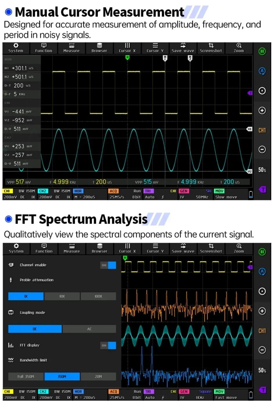 FNIRSI DPOS350P Flat Panel Oscilloscope Signal Generator Spectrum Analyzer Frequency 4-in-1 Dual Channel 350Mhz Oscilloscope