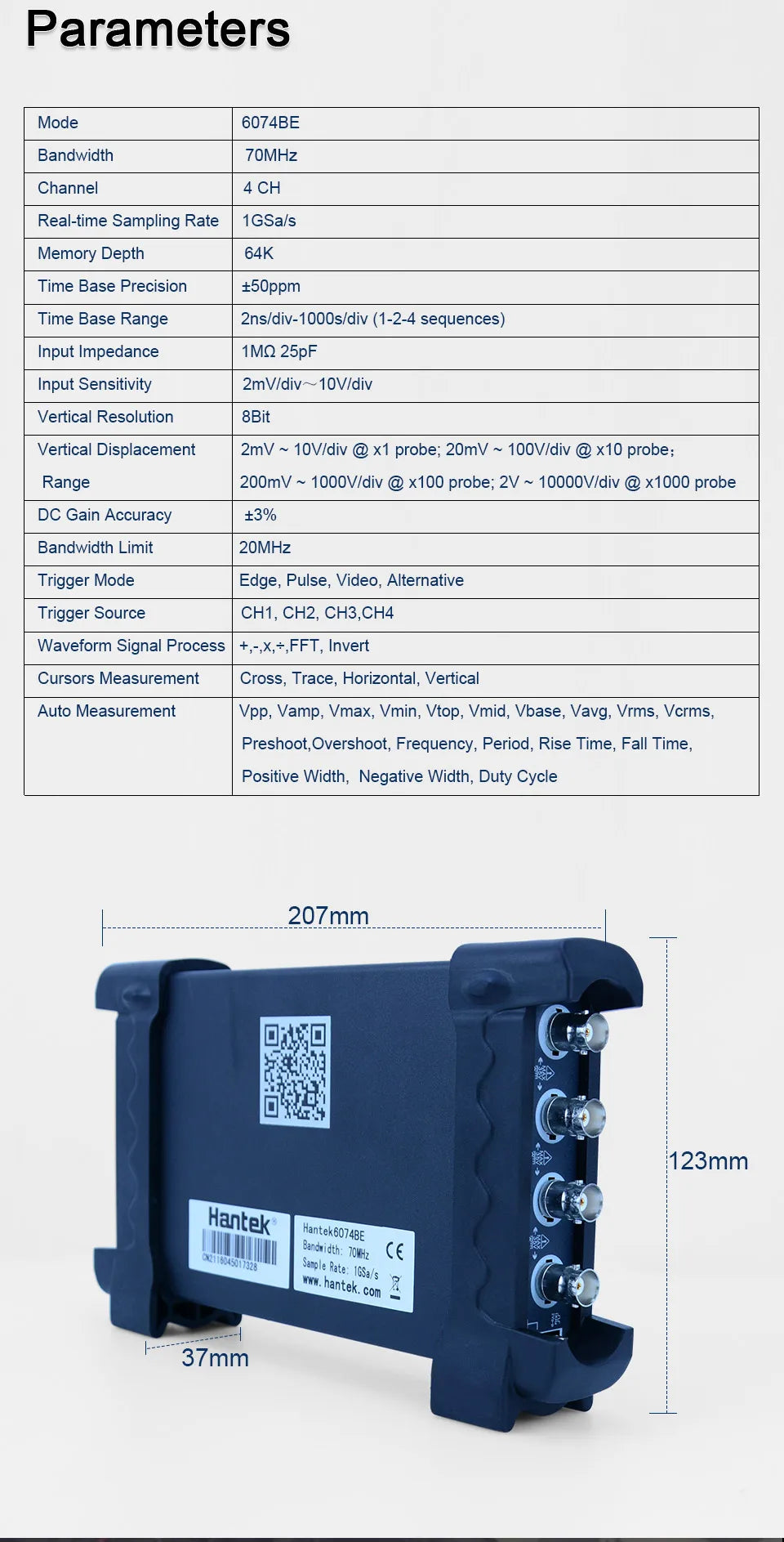 Hantek 6074BE 70MHz 4CH Auto Digital Oscilloscope Set Diagnostic Tool 1GSa/s  USB Virtual Oscilloscope Car Diagnostic Instrument