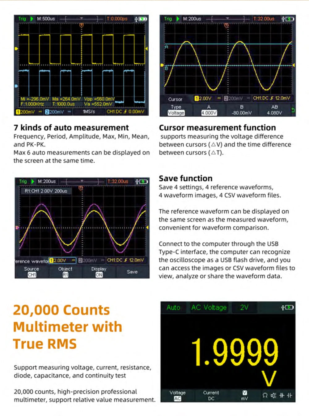 OWON HDS2202S Digital Oscilloscope 2 Channels 200Mhz 1GSa/s True RMS 3 in 1 USB Osiclloscopes +Waveform Generator+Multimeter