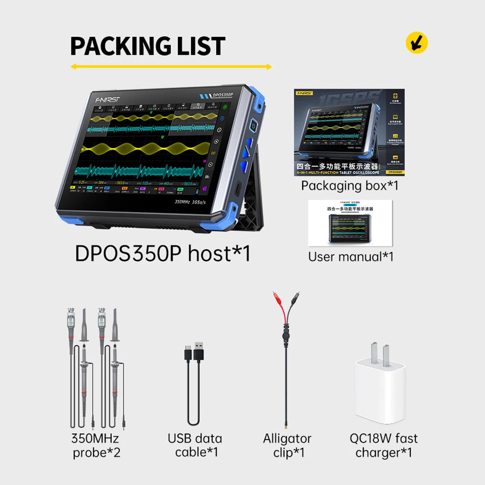 4IN1 FNIRSI DPOS350P Digital Oscilloscope 350MHz Dual Channel Fluorescence Handheld Signal Generator Frequency Response Analyzer