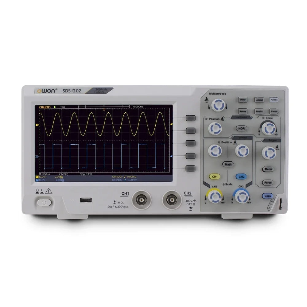 Owon SDS1202 Digital Oscilloscope 8Bits 2CH 200MHZ Bandwidth 1GS/s Osciloscopio 7inch Screen High Accuracy Digital Oscilloscopes
