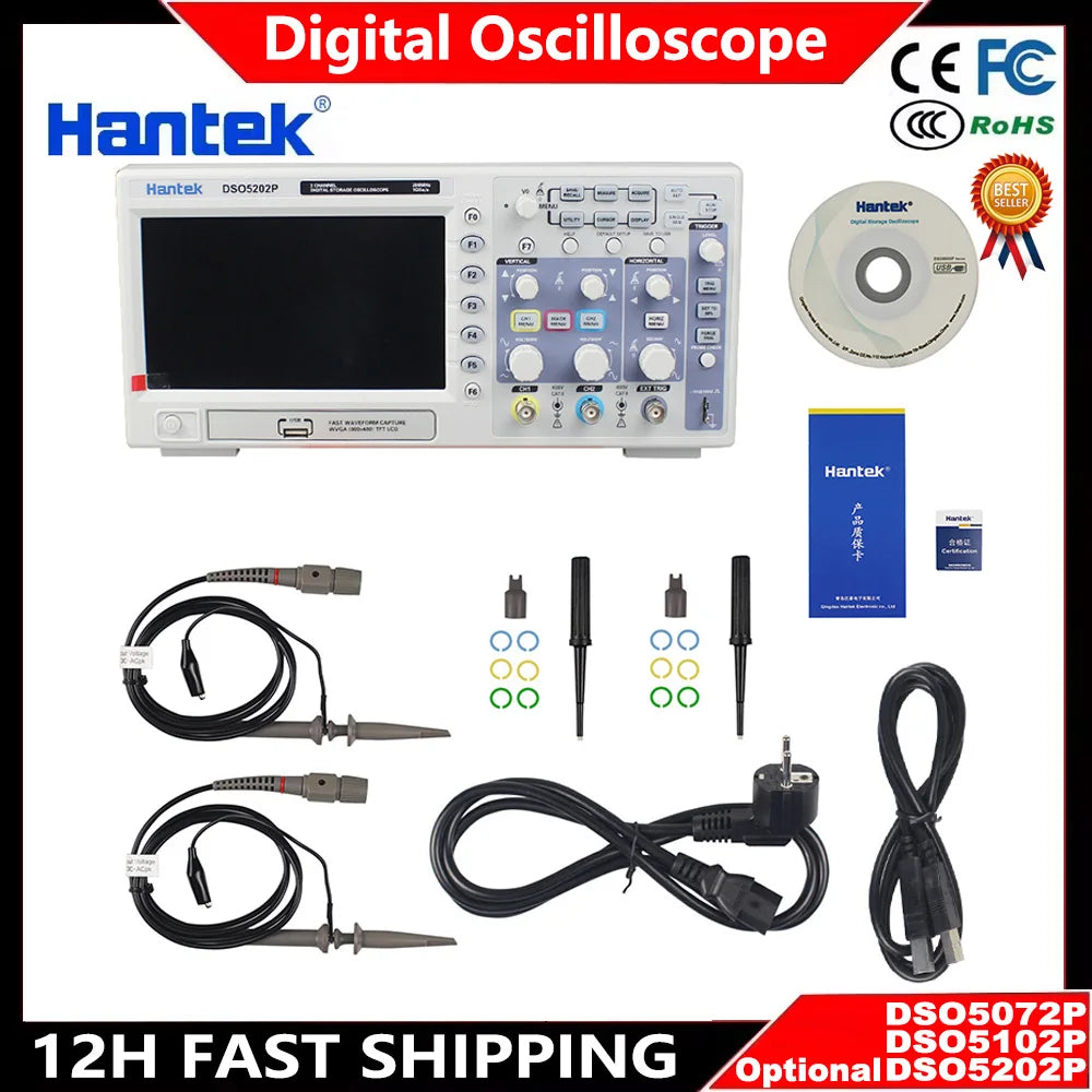 Hantek DSO5202P DSO5102P DSO5072P Digital Oscilloscope 200MHz Bandwidth 2 Channels PC USB LCD Portable Portatil Electrical Tools