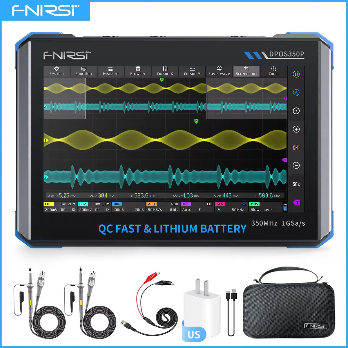 FNIRSI DPOS350P， Frequency Response Analyzer, Four In One Flat Oscilloscope, 2-Channel 350MHz Signal Generator, 50MHz, Spectrum