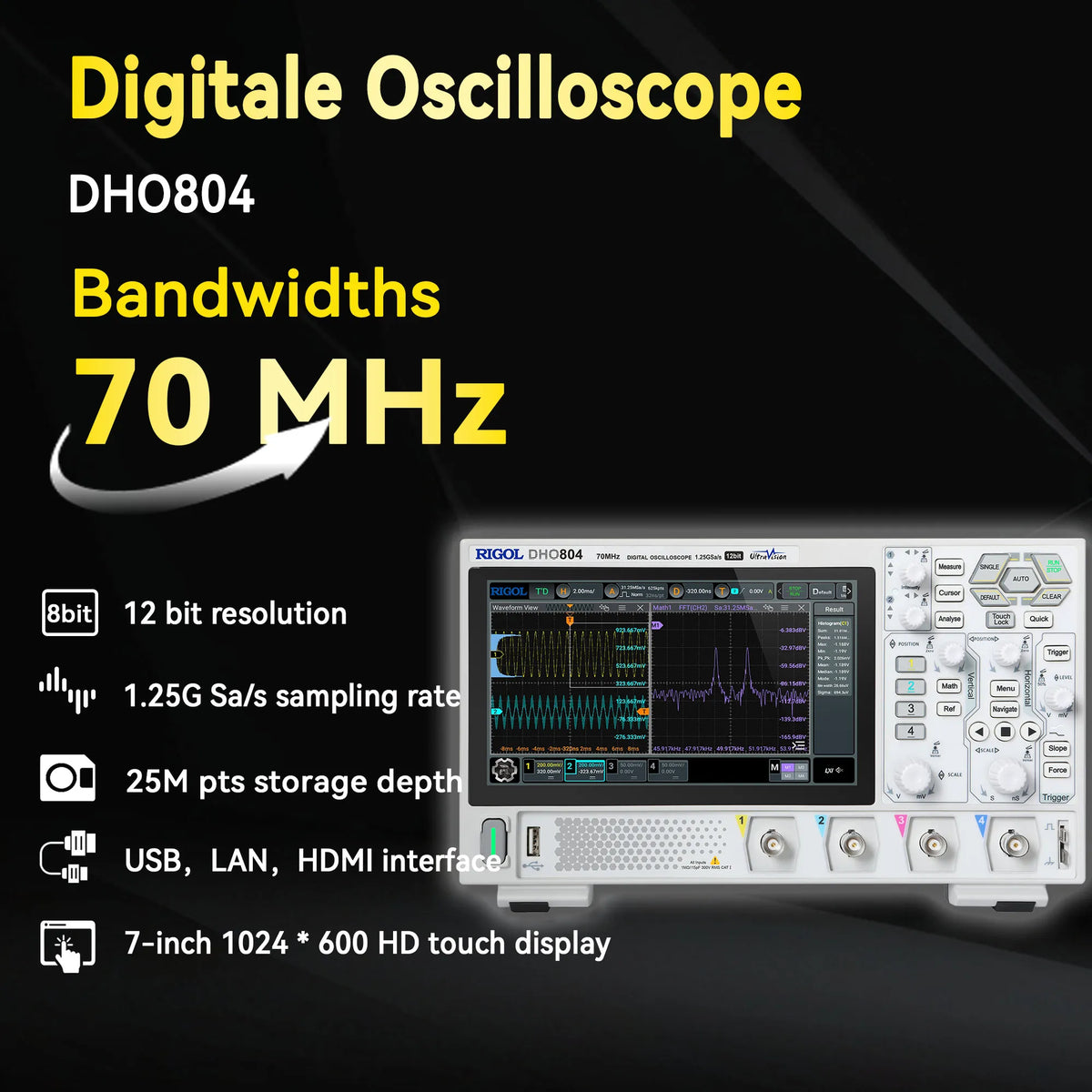 RIGOL DHO800 Series Digital Oscilloscopes Portable,70-100MHz,1.25G Sa/s, type-c Power Supply, DHO802/DHO804/DHO812/DHO814