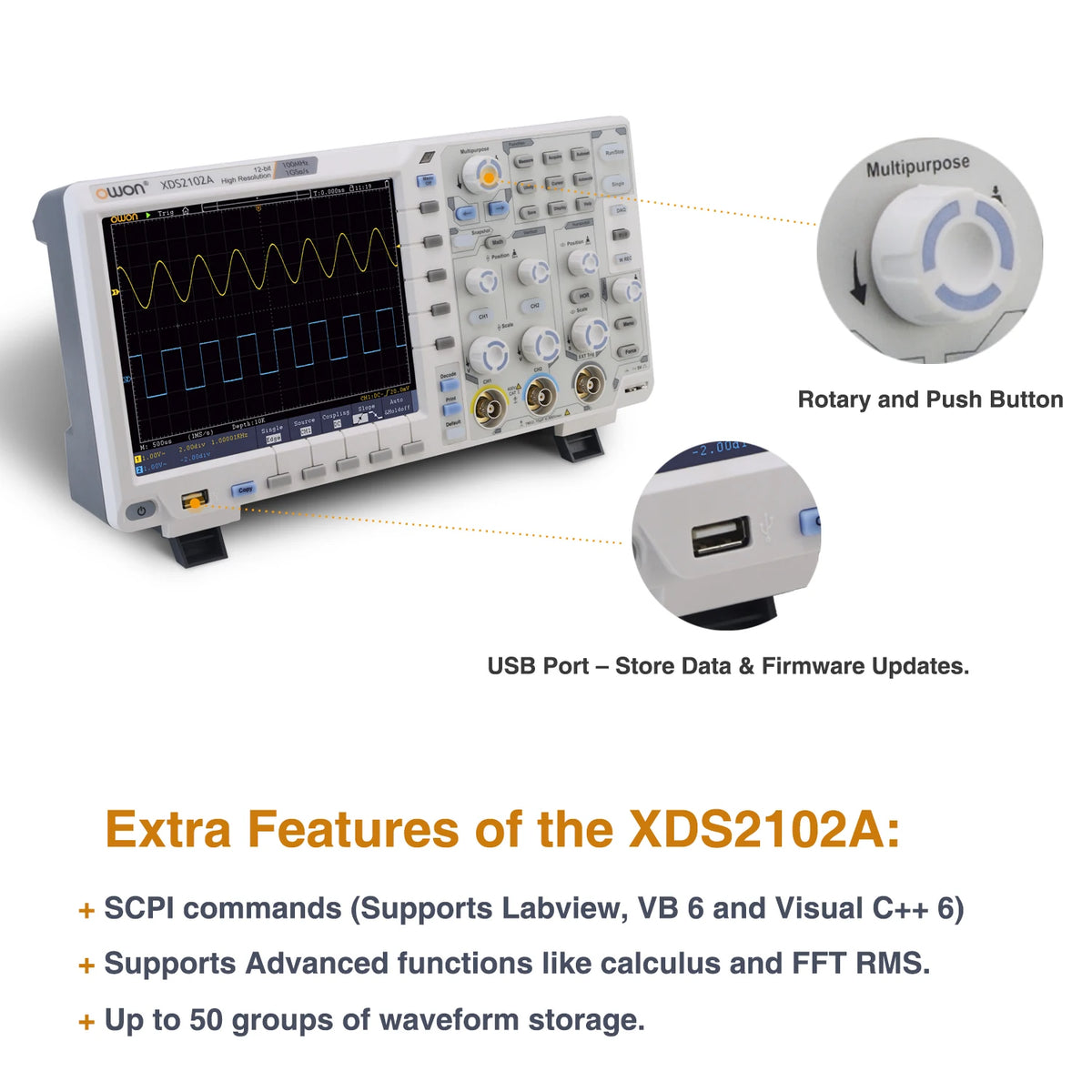 OWON XDS2102A Digital Oscilloscope 100MHz 1GS/s 2 Channels+1External 20M Record Length 12-bit High Resolution ADC and 8 inch LCD