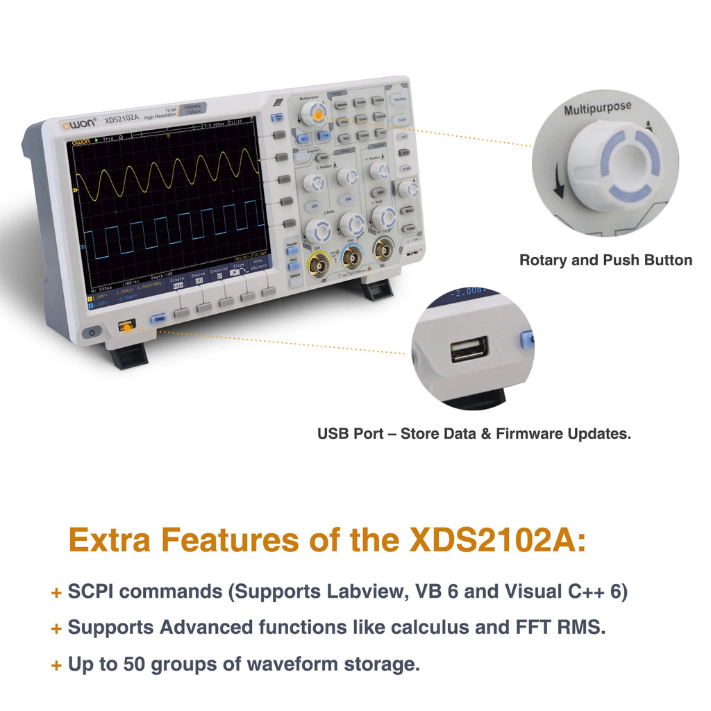OWON XDS2102A Digital Oscilloscope 100MHz 1GS/s 2 Channels+1External 20M Record Length 12-bit High Resolution ADC and 8 inch LCD