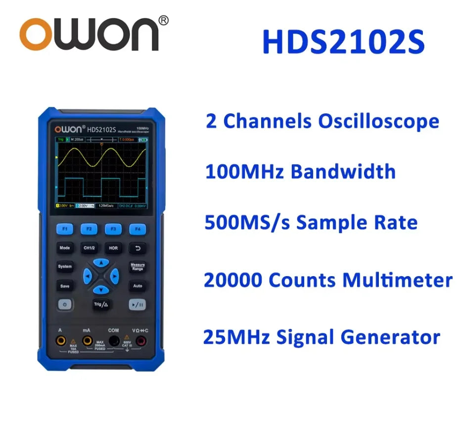 OWON HDS2202S 2102S Digital Oscilloscope 2Channels 200Mhz 1GSa/s Portable 3in1 USB Osiclloscopes + Multimeter+Waveform Generator
