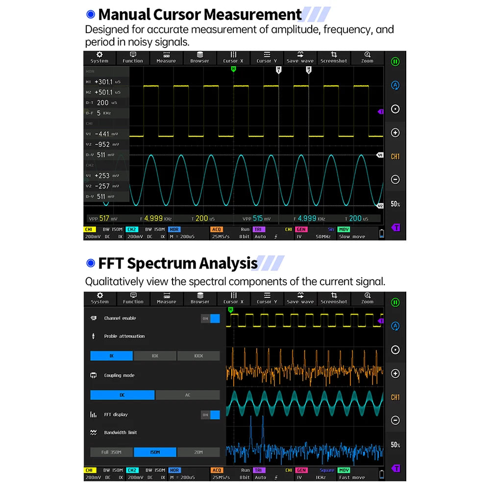 4IN1 FNIRSI DPOS350P Digital Oscilloscope 350MHz Dual Channel Fluorescence Handheld Signal Generator Frequency Response Analyzer