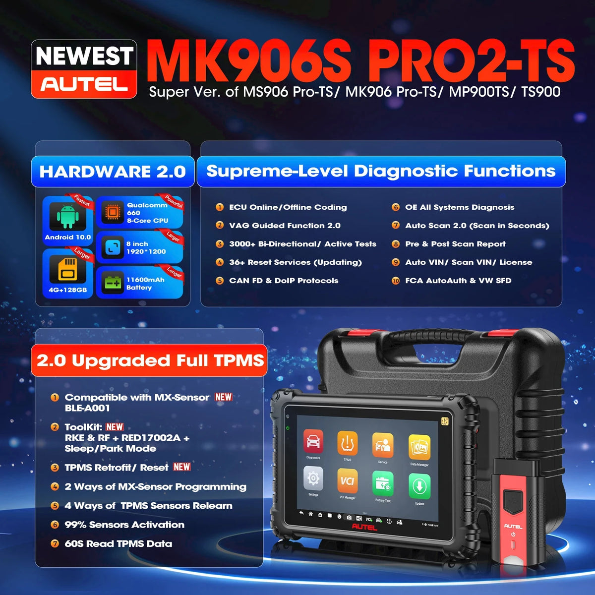 Autel MaxiCOM MK906S Pro2-TS MK906S Pro-TS Auto TPMS Programming Diagnostics Tool ECU Coding All Systems OBD2 Diagnosis Scanner