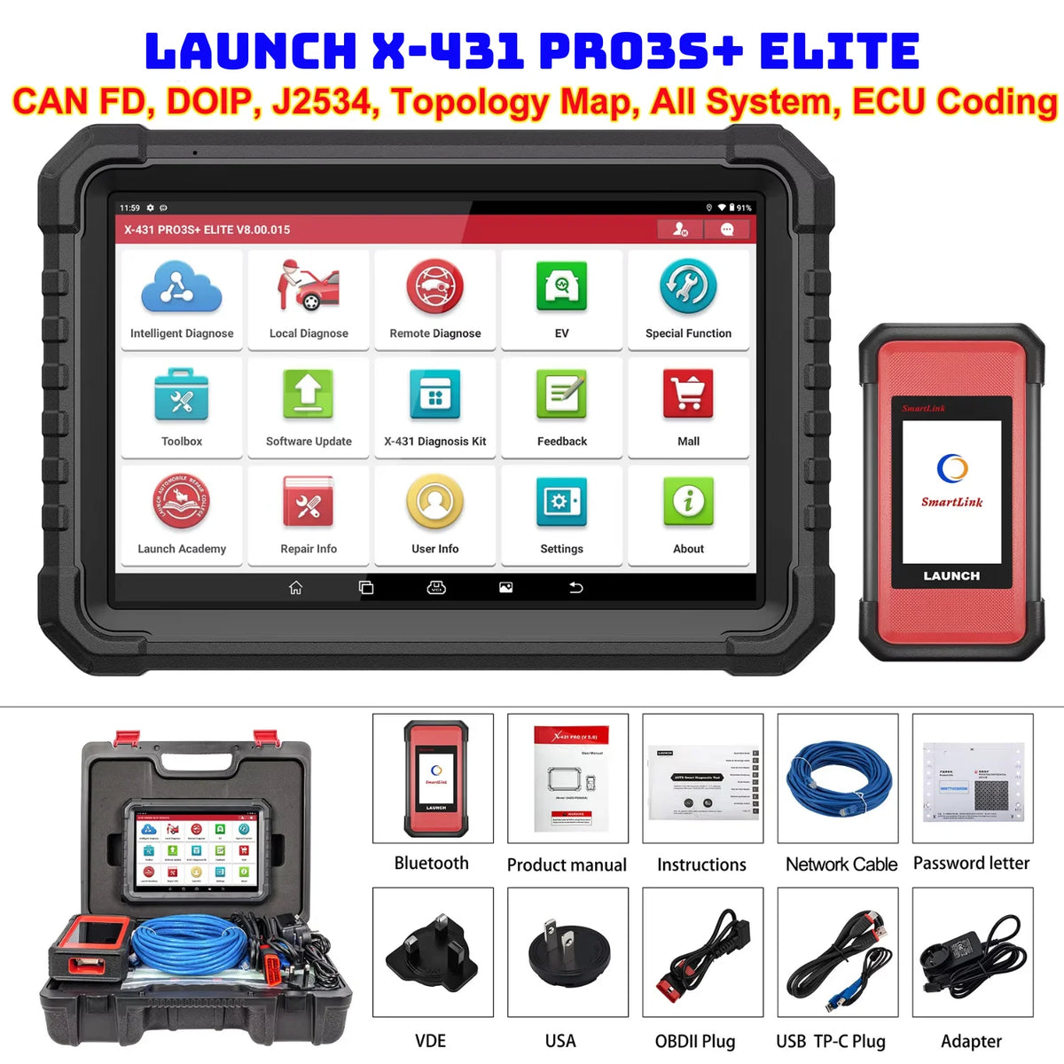 LAUNCH X431 PRO3S+ ELITE Bidirectional Scan Tool J2534 Program All System Diagnostic Scanner Topology All Service Online Coding