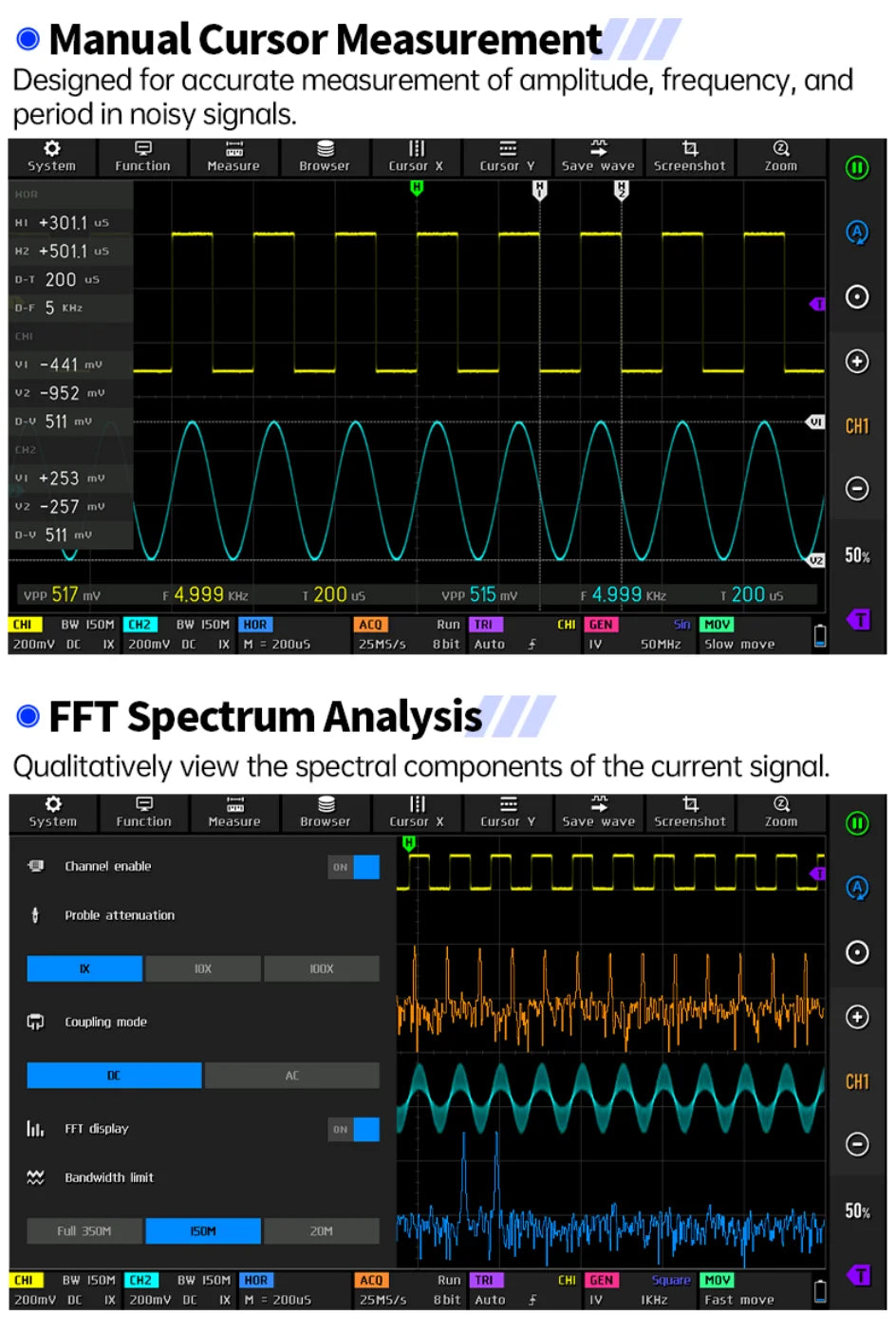 FNIRSI DPOS350P Tablet Oscilloscope 350MHz Dual Channel with Spectrum Analyzer, Frequency Response Tester, 50M Signal Generator