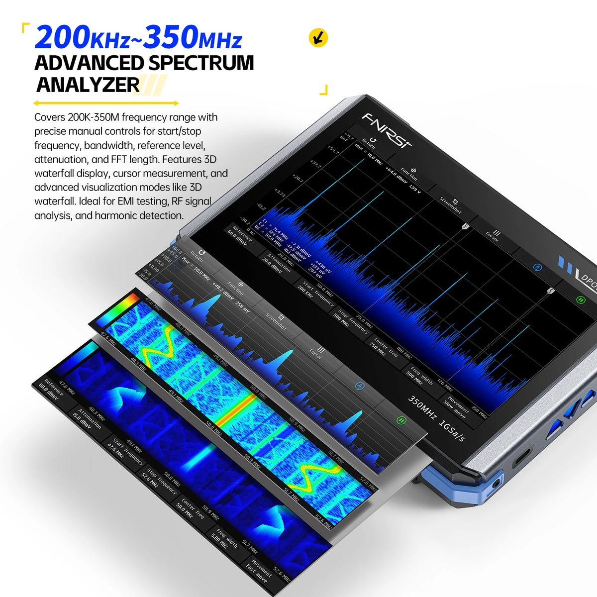 FNIRSI DPOS350P Tablet Oscilloscope 350MHz Dual Channel with Spectrum Analyzer, Frequency Response Tester, 50M Signal Generator