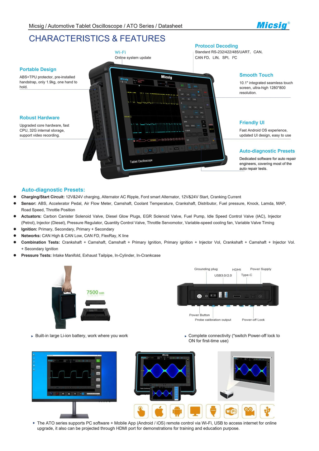 Micsig Automotive Oscilloscope Full Touchscreen Digital Tablet ATO Series1004 2002 3004 100/ 200 MHz 300MHz 2 Channels 4Channels