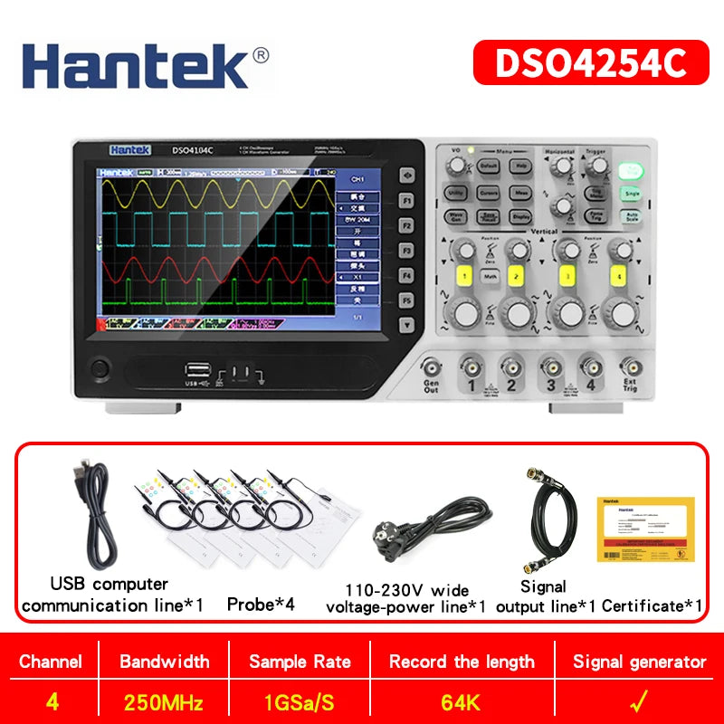 【Hantek Official Genuine】4-channels Digital Oscilloscope + Signal Generator DSO4254C DSO4204C DSO4104C DSO4084C / DSO4254B 4104B