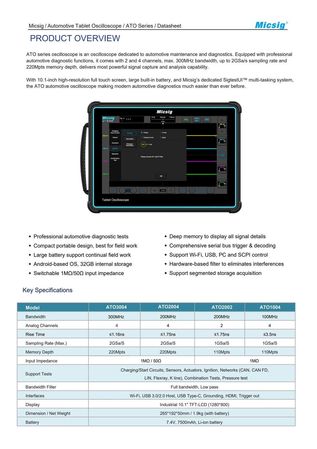 Micsig Automotive Oscilloscope Full Touchscreen Digital Tablet ATO Series1004 2002 3004 100/ 200 MHz 300MHz 2 Channels 4Channels