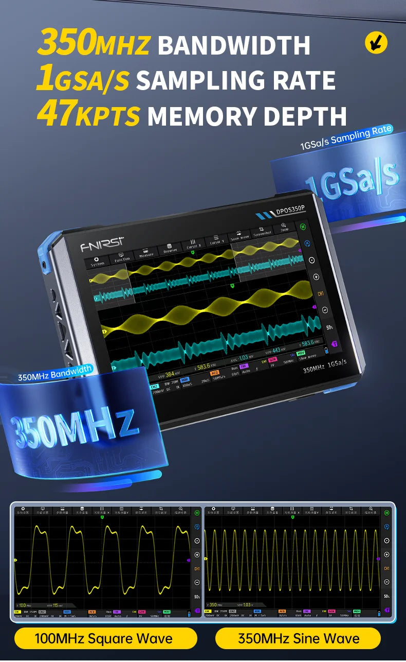 FNIRSI DPOS350P Tablet Oscilloscope 350MHz Dual Channel with Spectrum Analyzer, Frequency Response Tester, 50M Signal Generator