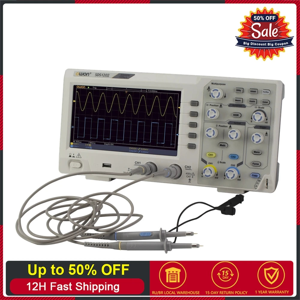 Owon SDS1202 Digital Oscilloscope 8Bits 2CH 200MHZ Bandwidth 1GS/s Osciloscopio 7inch Screen High Accuracy Digital Oscilloscopes